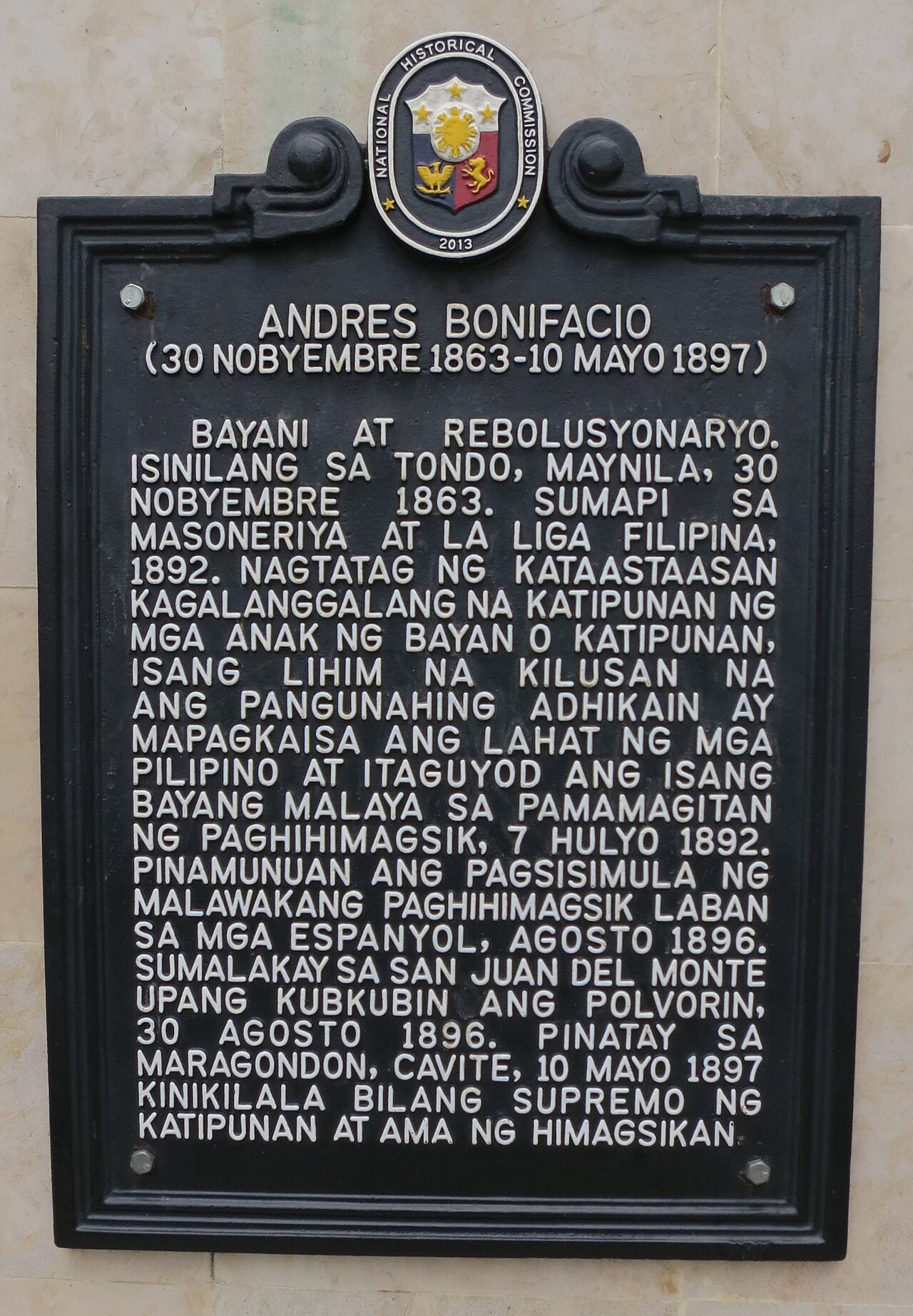 A photograph of Andres Bonifacio historical marker