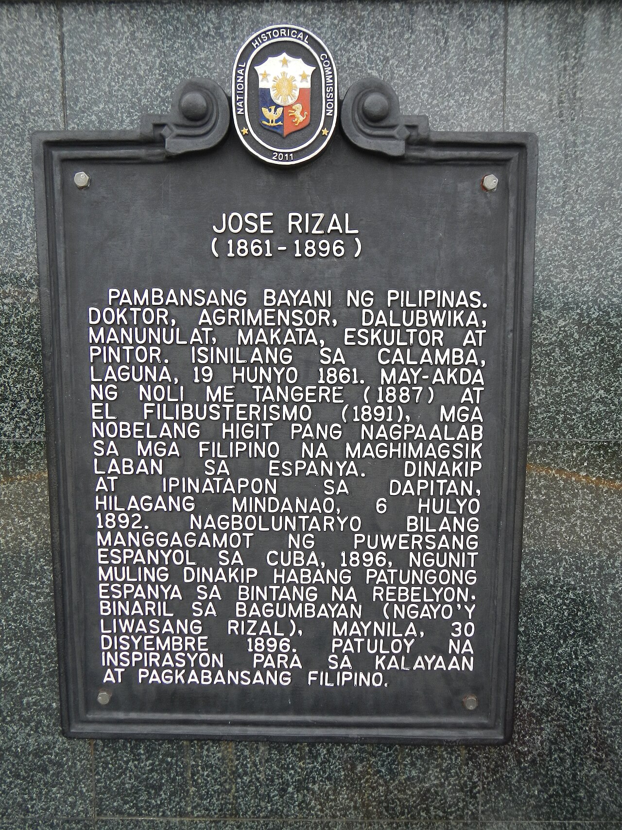 Targa commemorativa storica di Jose Rizal